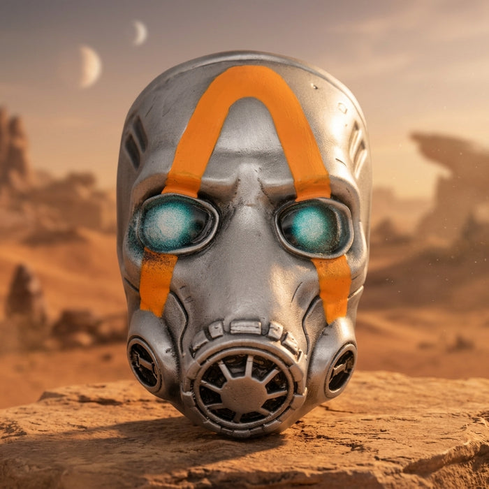 Borderlands Banditenmaske auf einem Wuestenfelsen vor Pandoras Zwillingsmonden