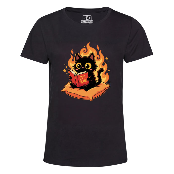 Chat Noir Lisant "Evil Plans" - Plans Maléfiques avec Style - Vue Principale Girlie Noir