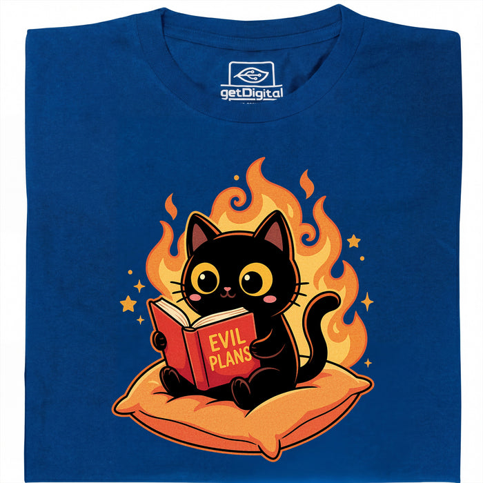 Chat Noir Lisant "Evil Plans" - Plans Maléfiques avec Style - Vue Principale T-Shirt Bleu