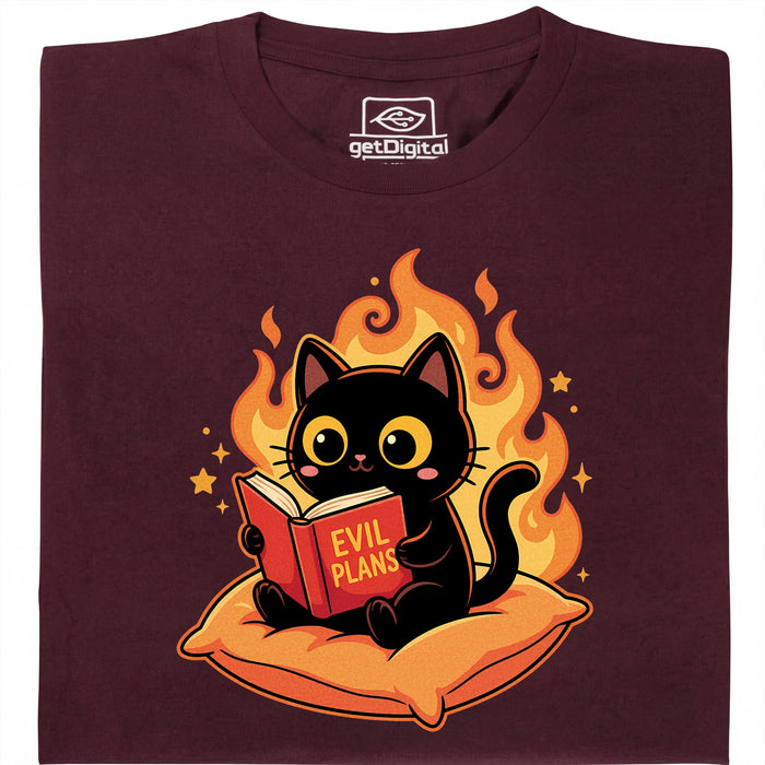 Chat Noir Lisant "Evil Plans" - Plans Maléfiques avec Style - Vue Principale T-Shirt Rouge Foncé