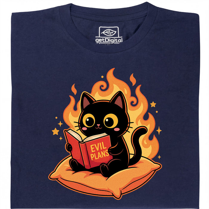 Chat Noir Lisant "Evil Plans" - Plans Maléfiques avec Style - Vue Principale T-Shirt Bleu Marine