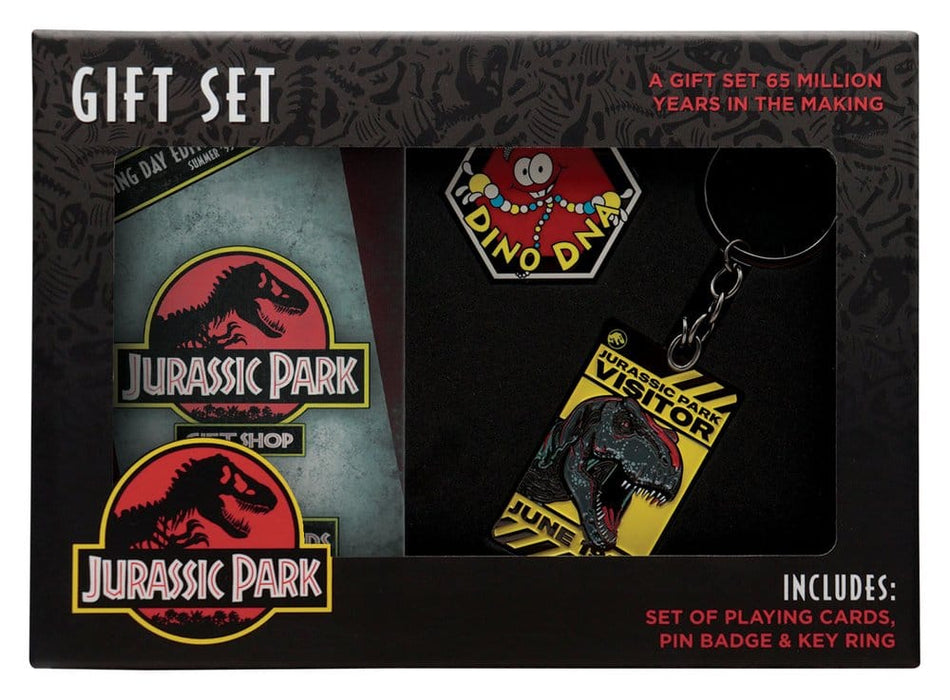Jurassic Park Geschenkbox mit Kartenspiel, Pin und Schlüsselanhänger